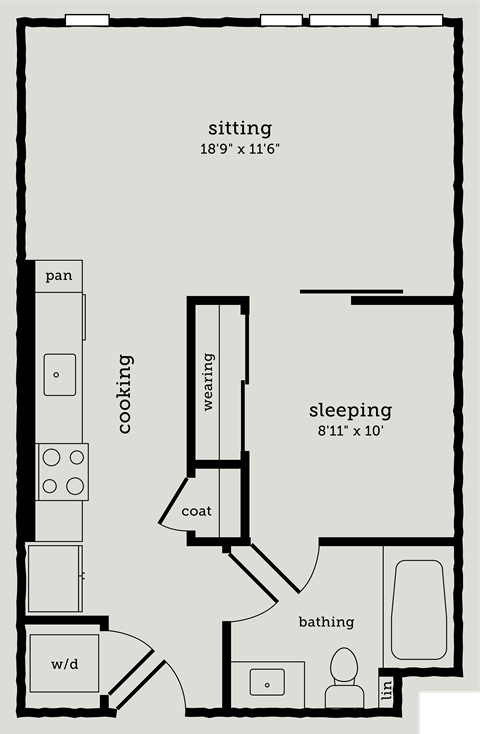 a floor plan of a studio apartment with a bedroom and a living room